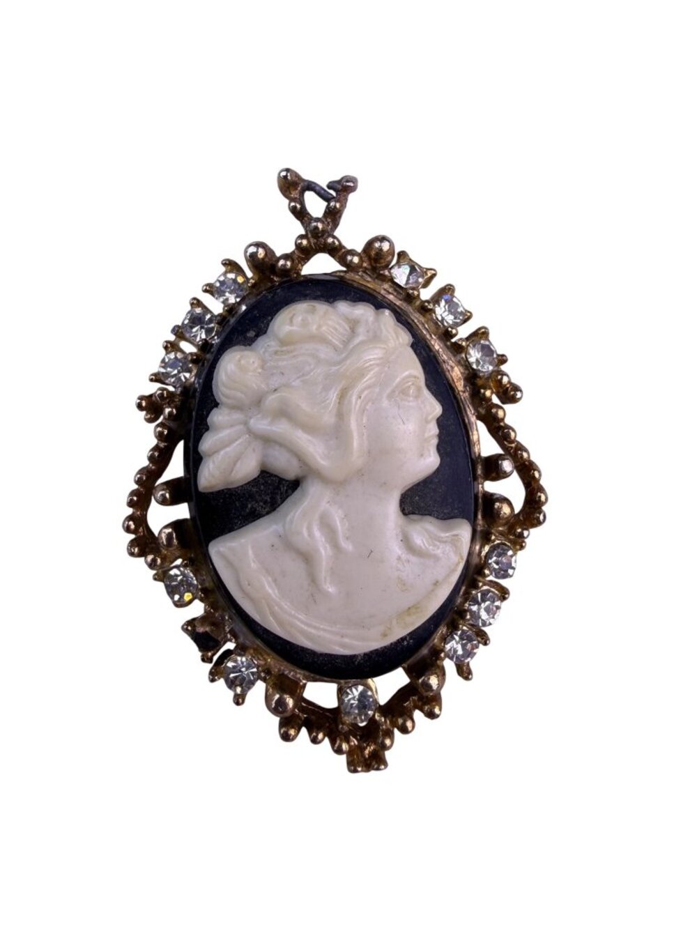 Victorian-Style Womens Gold Tone Cameo Brooch Black/White With Rhinestones